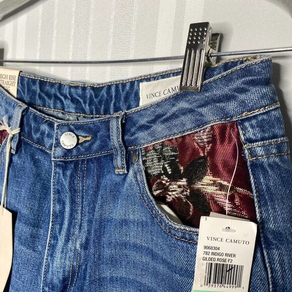 Vince Camuto High Rise Straight Leg Patchwork Ripped Jeans Blue 29/8 Distressed - Picture 7 of 12